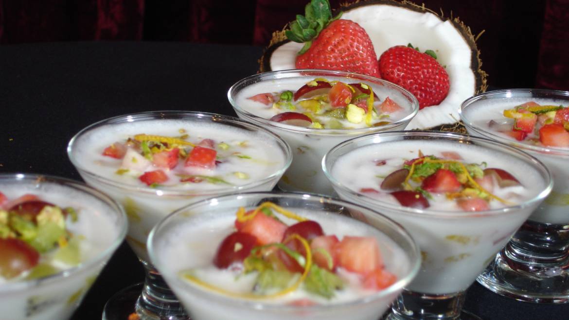 Chilled Coconut Soup with Fruit Jewels